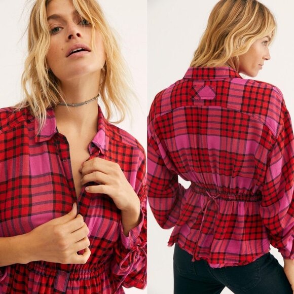 NWT Free People Pacific Dawn Plaid Shirt Drawstring Size Small Pink Red Bohemian - Picture 13 of 13